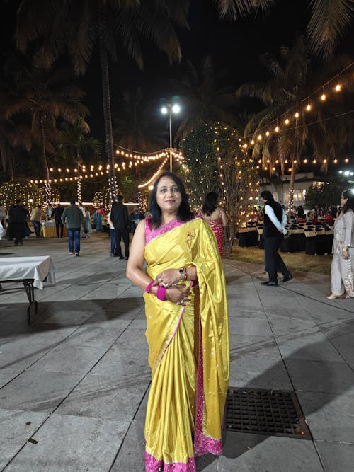 Mustard Poly Chiffon Diamond Swaroski Work Saree