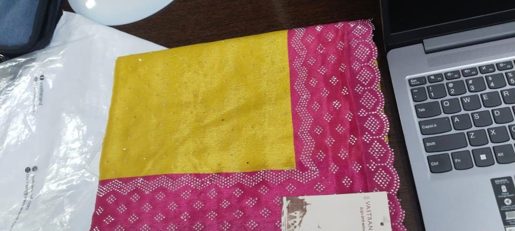 Mustard Poly Chiffon Diamond Swaroski Work Saree