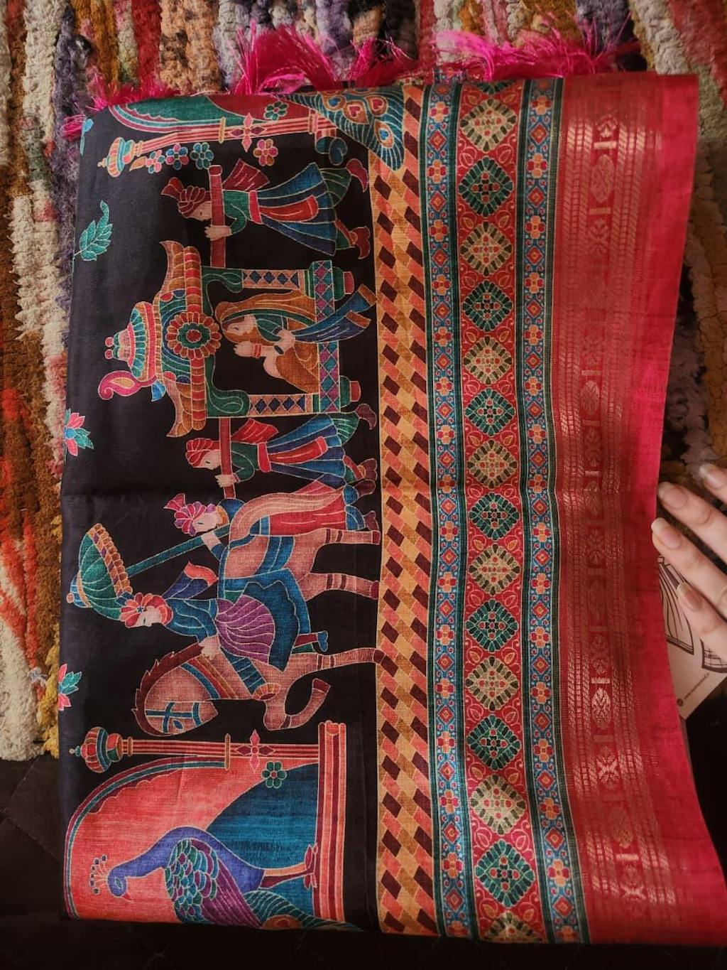 Black Soft Silk Pashmina Kashmiri Print Saree