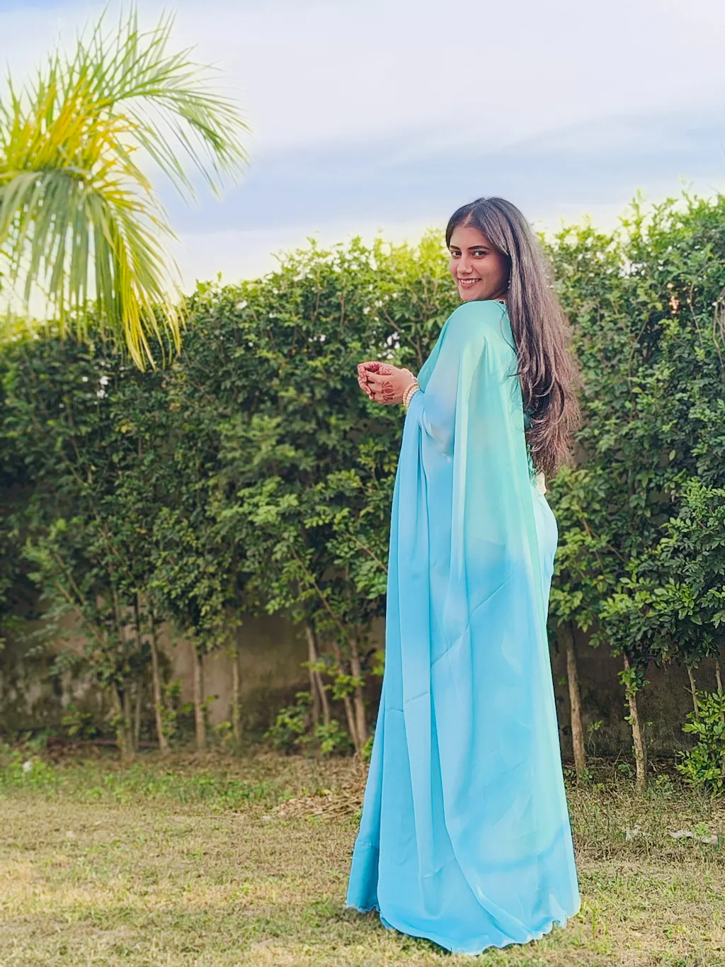 Sky Blue Satin Georgette Saree
