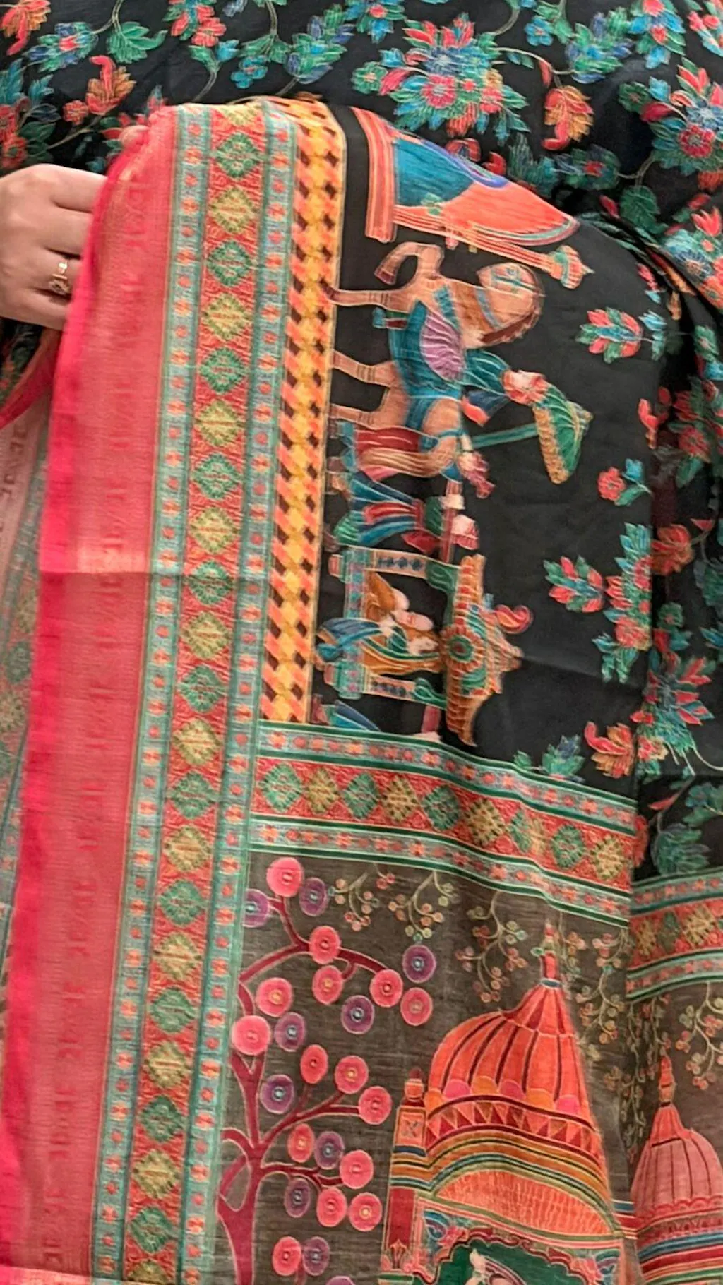 Black Soft Silk Pashmina Kashmiri Print Saree