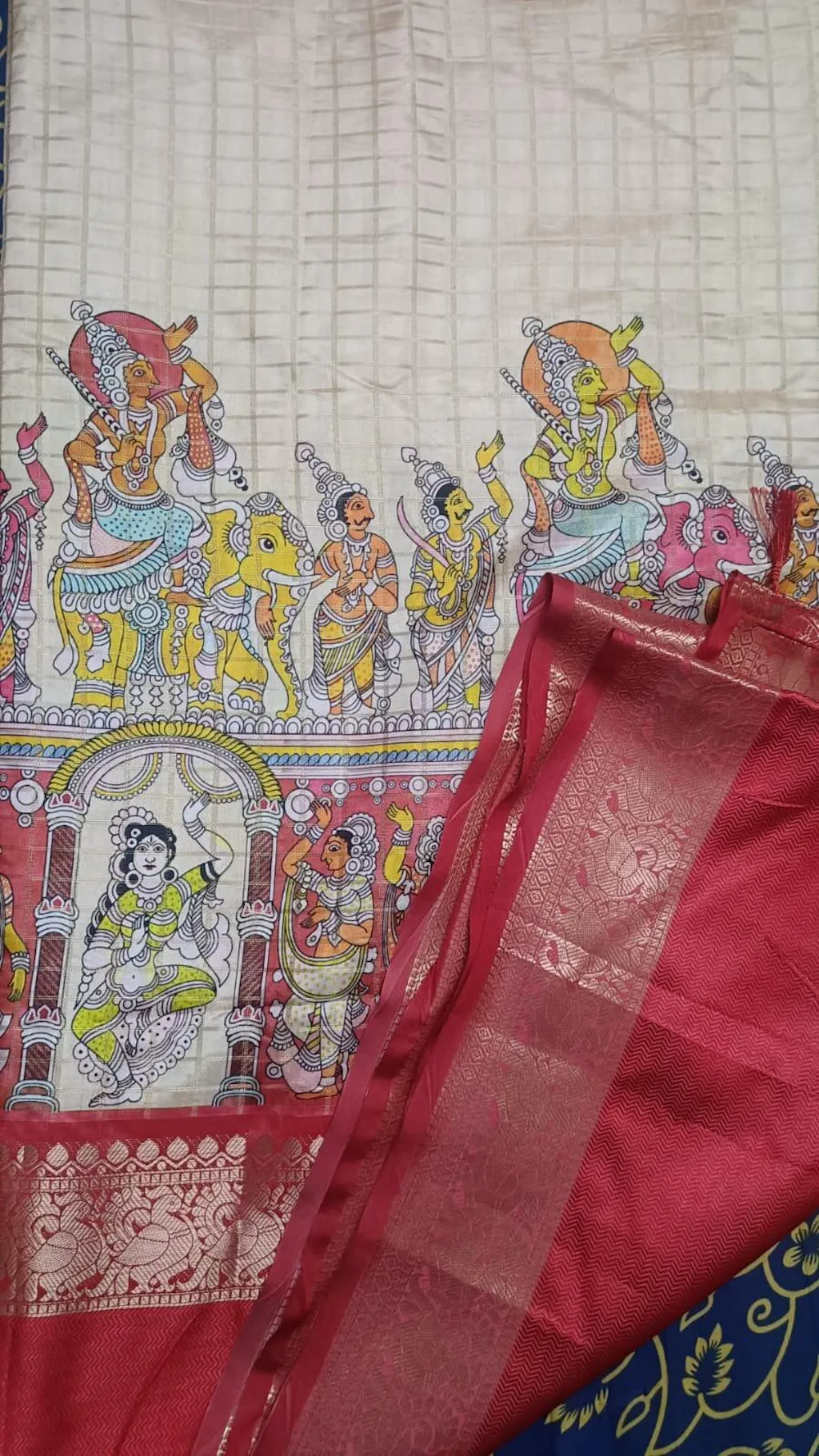 Cream Colour Double Border Chex Weaving Banarasi Soft Silk Saree