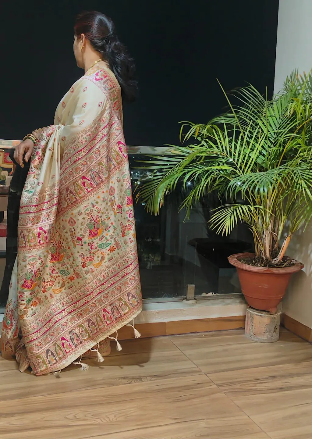 Bottle Green Tussar Kalalmkari Print Saree