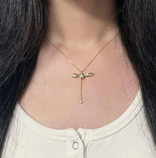 Golden Winged Sparkle Lariat Necklace
