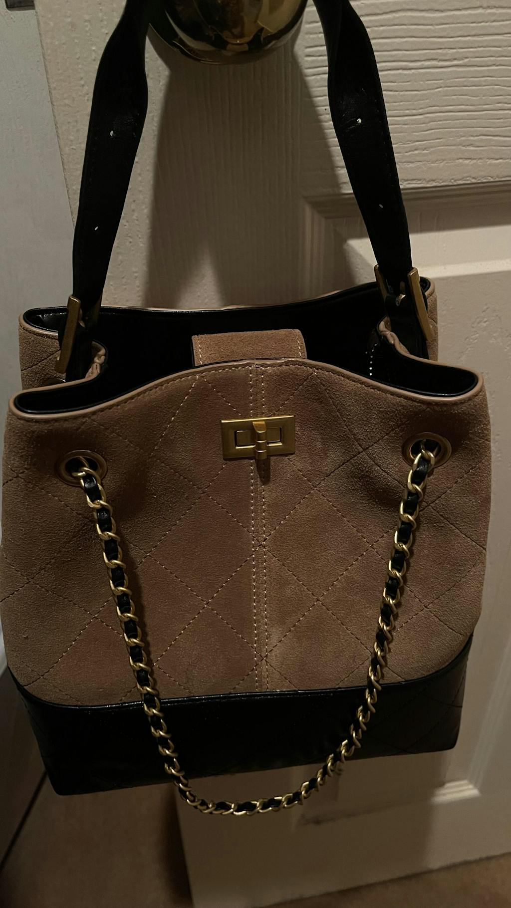 Suede Genuine Leather Color Block Chain Bucket Bag