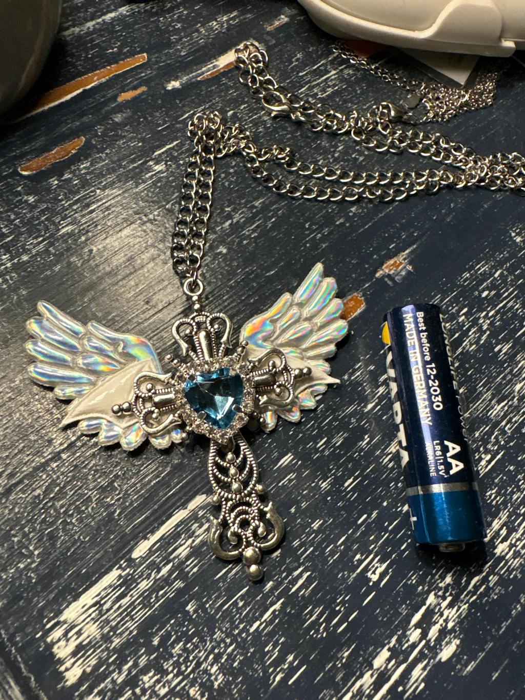 Winged Cross Blue Crystal Necklace