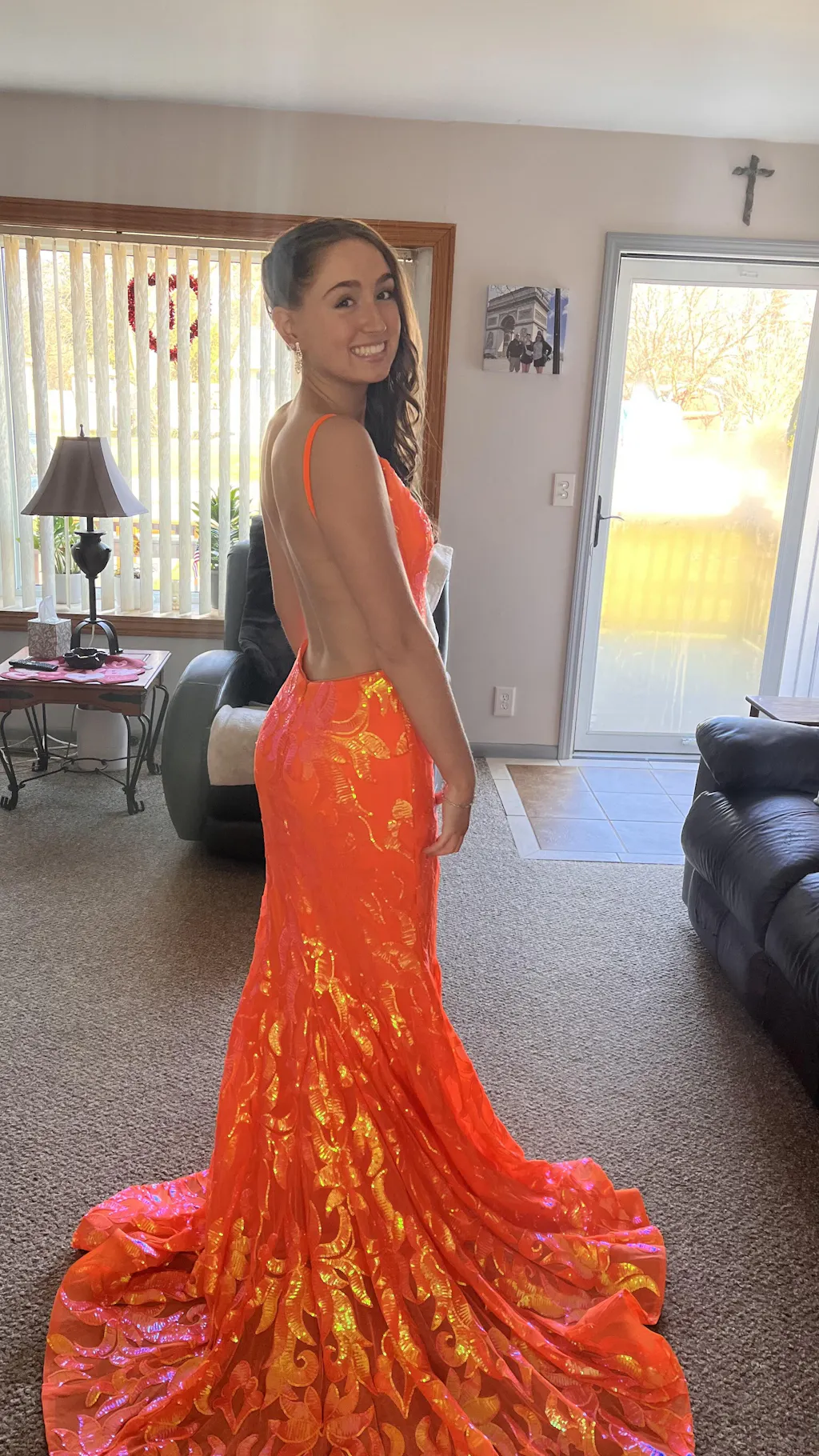 Gorgeous Orange Long Mermaid Tassel V-neck Prom Dress with Sleeves main image 1