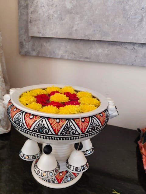 Terracotta Decorative Handpainted urli with Stand | Showpiece Vastu Benefit -(Dia - 8 Inch)