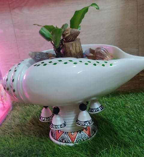 Terracotta Decorative Flower design Sangu urli with Stand | Showpiece Vastu Benefit - (Breadth-13 Inch)