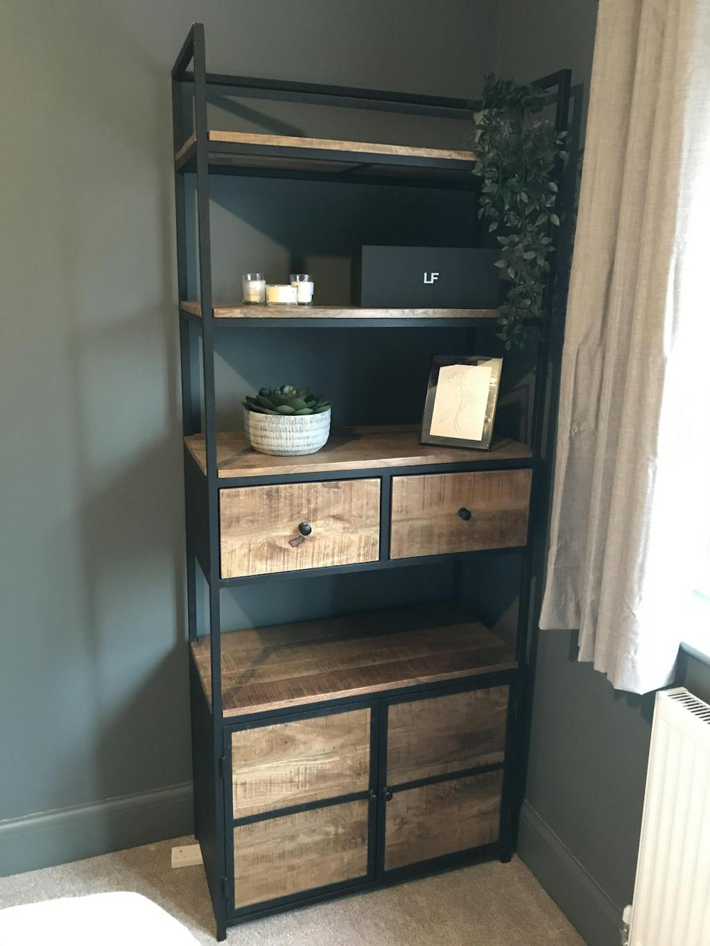 Industrial Bookcase with Cupboard and Drawers, Solid Wood, Black Metal