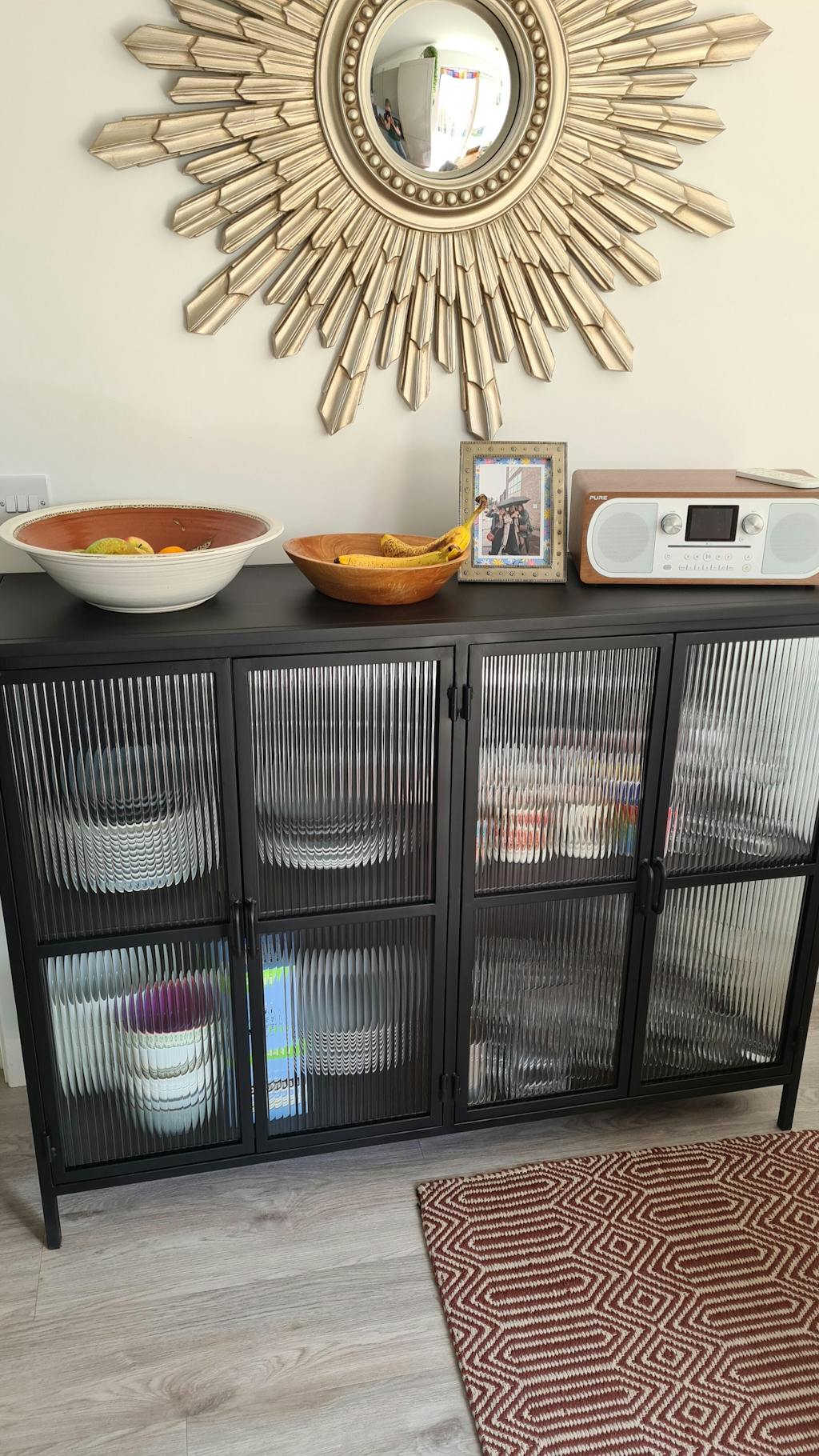 Reeded Glass Sideboard Industrial Style Matt Black Metal with