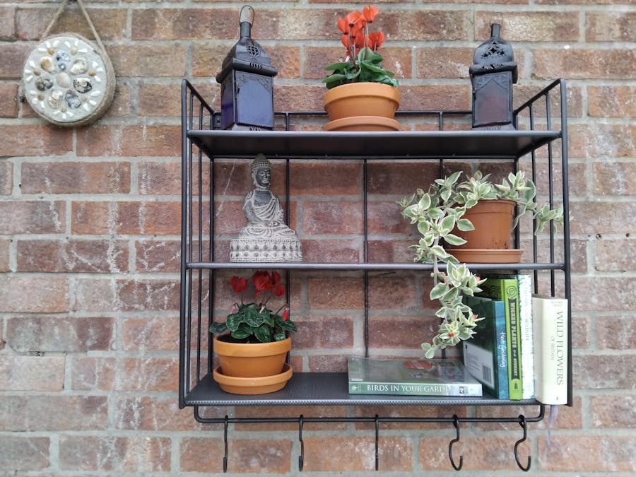 Industrial Wall Shelf with Hooks - Tall - Distressed