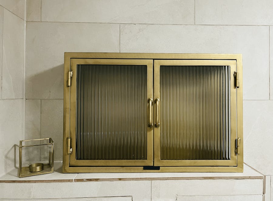 Industrial Fluted Glass Double Door Wall Cabinet - Antique Brass