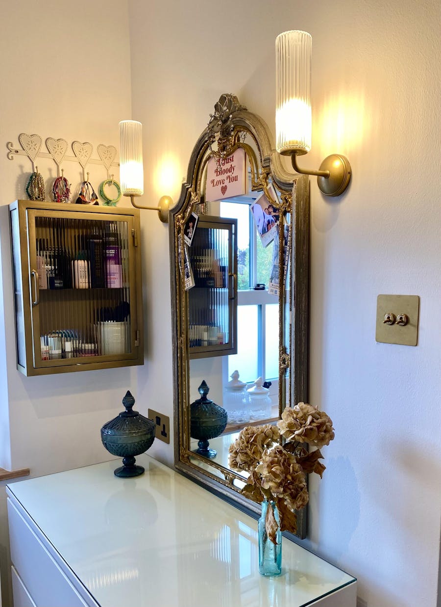 Industrial Fluted Glass Bathroom Cabinet - Antique Brass