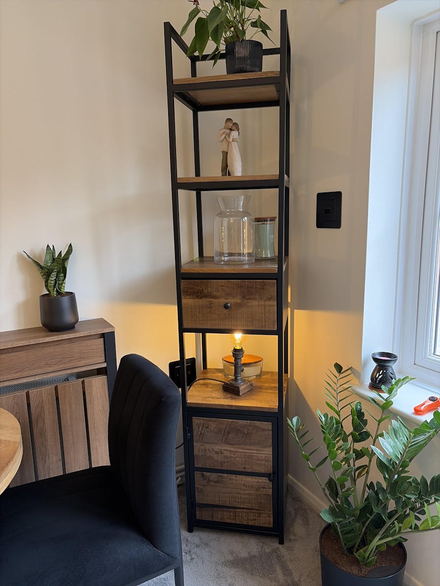 Industrial Narrow Bookcase with Cupboard and Drawer