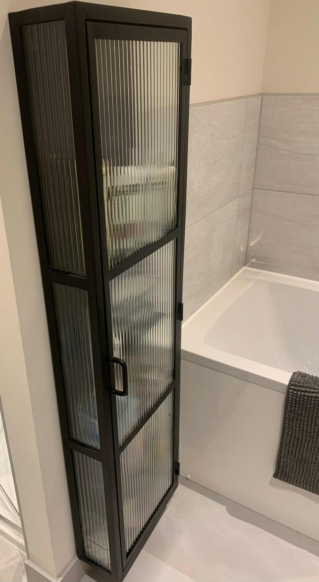 Industrial Fluted Glass Tall Slim Wall Cabinet - Matt Black