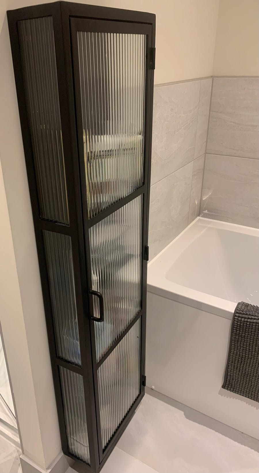 Industrial Fluted Glass Tall Slim Wall Cabinet - Matt Black