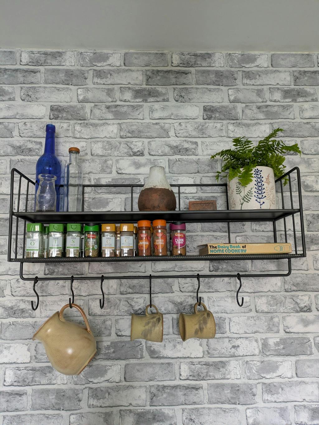 Industrial Wall Shelf with Hooks - Distressed