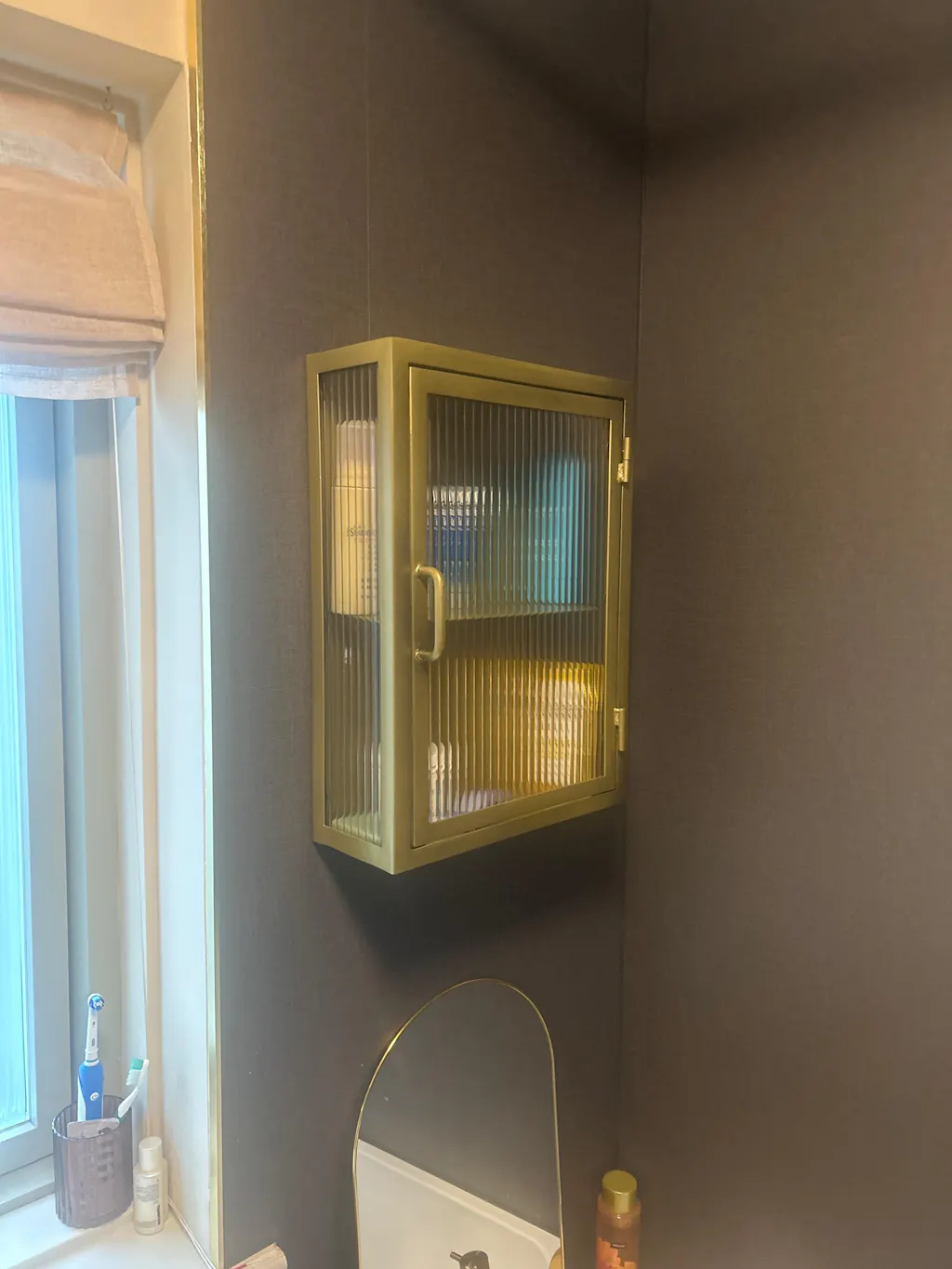 Industrial Fluted Glass Bathroom Cabinet - Antique Brass