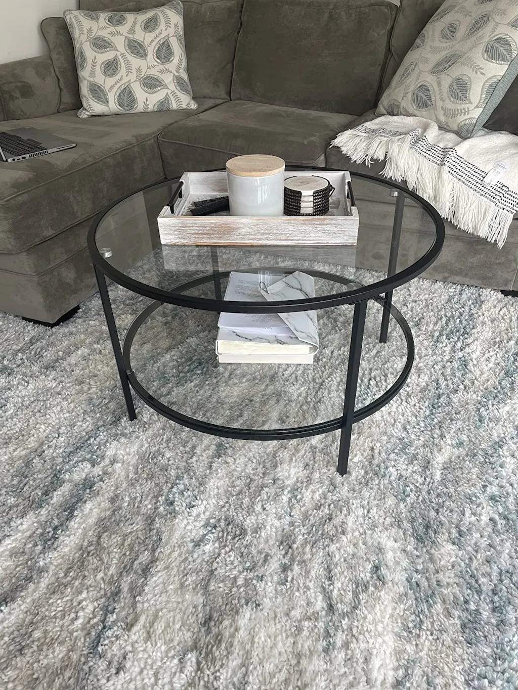 VINGLI 25.6IN/30.7IN Glass Round Coffee Table with 2-Tier Storage Mode