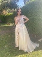 One Shoulder Champagne Long Prom Dresses 3D Floral Appliqued Ball Gowns FD1716