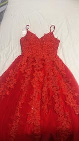 Spaghetti Strap Red Prom Dresses Lace Appliqued Tulle Formal Dress FD2 –  Viniodress