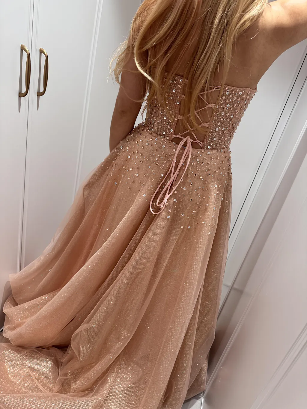Glitter Strapless Rose Gold Formal Dress