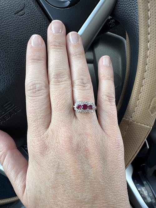 Vintage 9ct ruby & diamond trilogy cluster ring 1994