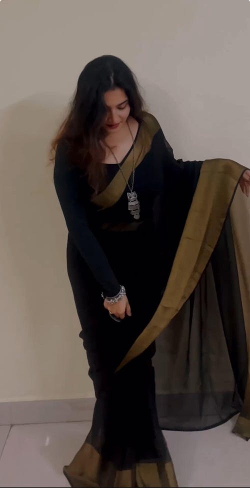 1-min Ready To Wear Saree Black In Premium Chiffon Silk With Zari Patta