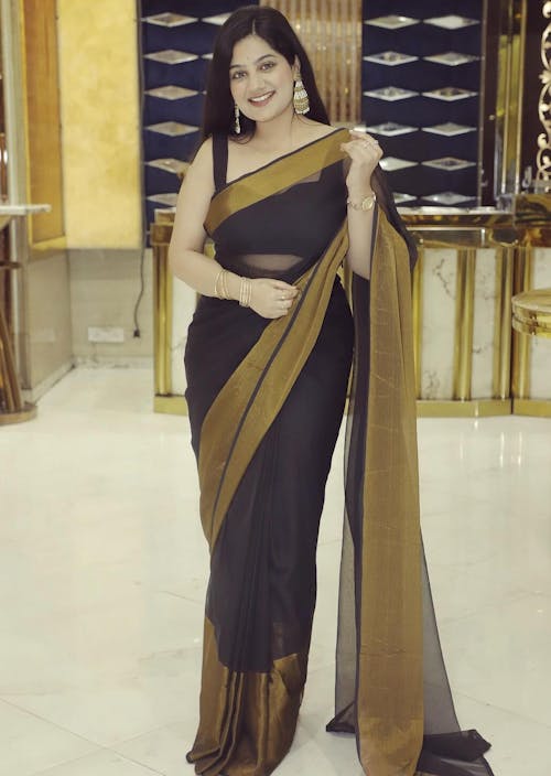 1-min Ready To Wear Saree Black In Premium Chiffon Silk With Zari Patta
