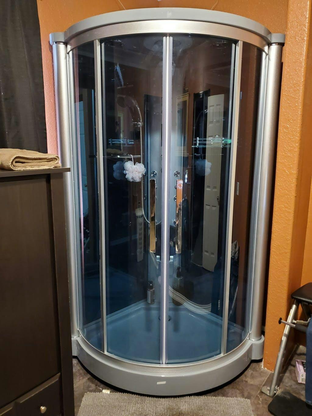 Mesa Corner Steam Shower Blue Glass WS801L Vital Hydrotherapy