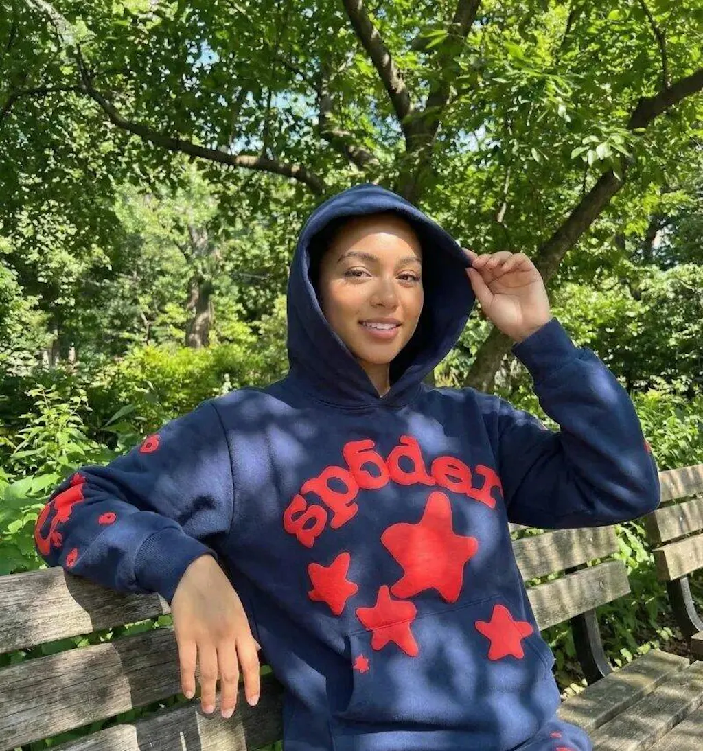 Sp5der Hoodie 440GSM – Navy Blue & Red Star Oversized Streetwear