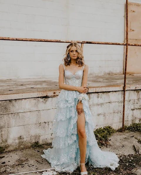 A-Line V Neck Straps Lace Sequins Appliques Tiered Prom Dress WU1223