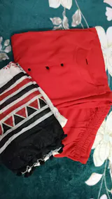 Red Anarkali Kurta with Printed Dupatta and Black Lace Detailing