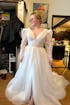 Gorgeous V-Neck Wedding Gown with Glitter Tulle, Long Sleeves, and Low Back