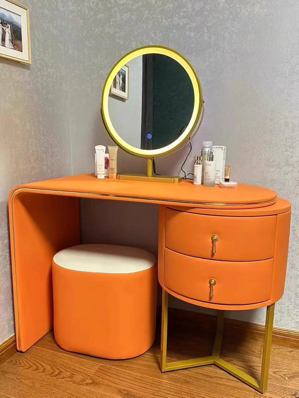 sachin and babi light blue dress Champagne Gold Mirrored Dressing Table Stool- Monte Carlo Collection