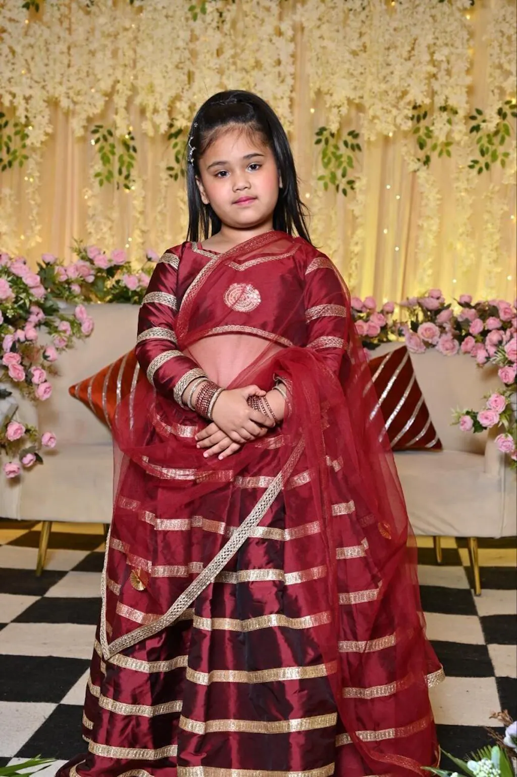 Pre Order: Maroon All Over Gota Detailed Lehenga Set