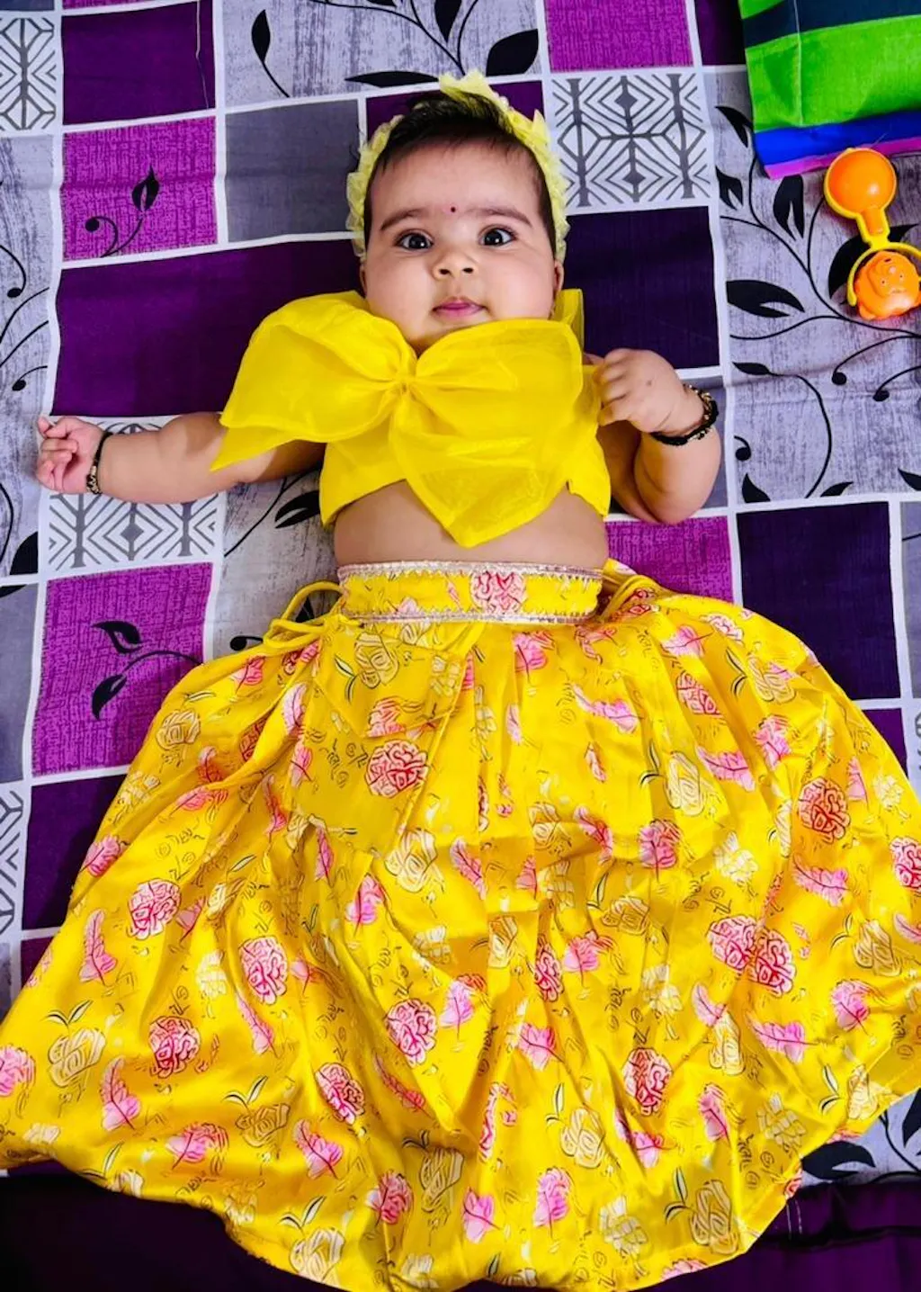 Pre Order: Big Bow Top And Yellow Printed Lehenga With Dupatta