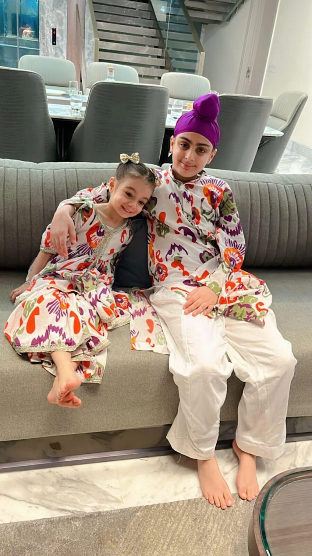 Pre Order: Tassels Enhanced Multicolour Printed Kurti And Sharara With Scalloped Lace Detail Lavender Dupatta