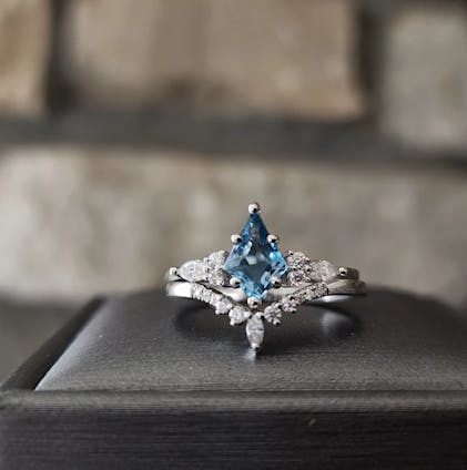 Kite cut newest London blue topaz engagement ring set vintage rose gold marquise moissanite ring set December birthstone ring anniversary ring