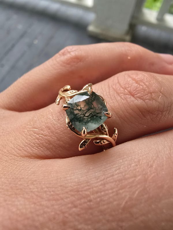 Cushion cut green moss agate ring vintage unique nature inspired engagement ring leaf 14k rose gold ring art deco bridal wedding ring women