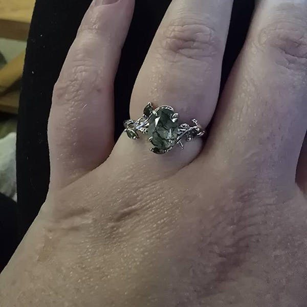 Vintage oval cut green moss agate engagement ring yellow gold art deco cluster leaf nature inspired bridal promise wedding ring set women