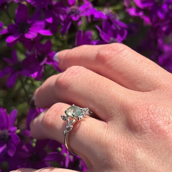 Vintage oval cut green moss agate engagement ring rose gold art deco cluster leaf nature inspired bridal promise wedding ring set women