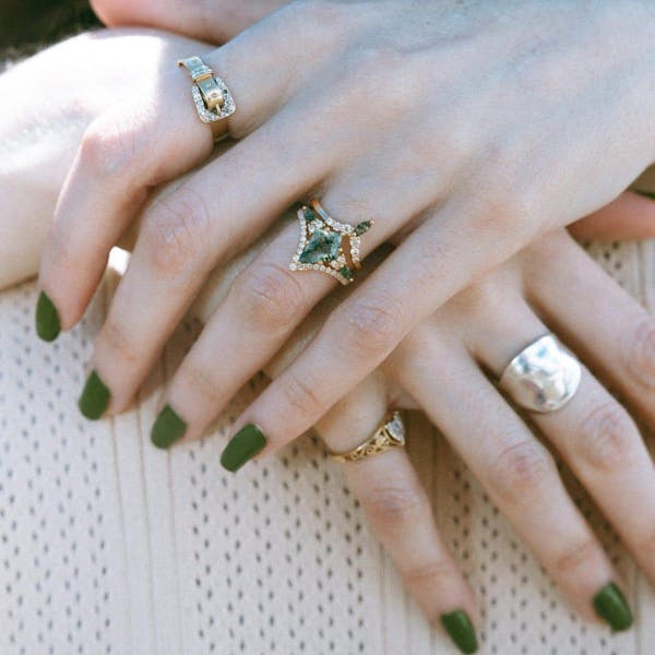 1.5ct Unique kite cut moss agate engagement ring set marquise cut moss agate ring vintage rose gold 6 prong diamond wedding ring set women