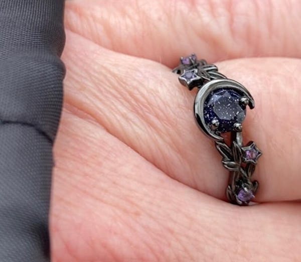 Nature Inspired Black Gold Round Blue Sandstone Engagement Ring Moon Star Leaf Vine Promise Ring