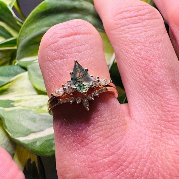 Kite cut green moss agate ring rose gold 6 prong art deco unique engagement ring women dainty diamond ring Personalized anniversary gift