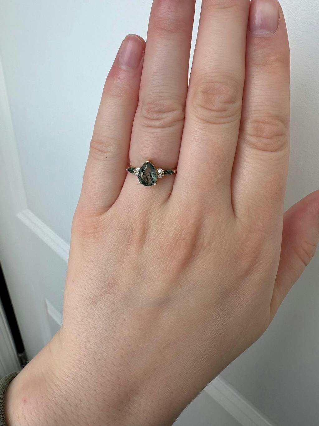 Vintage pear shaped green moss agate engagement ring set 14k rose gold art deco dainty diamond ring unique bridal wedding ring set women