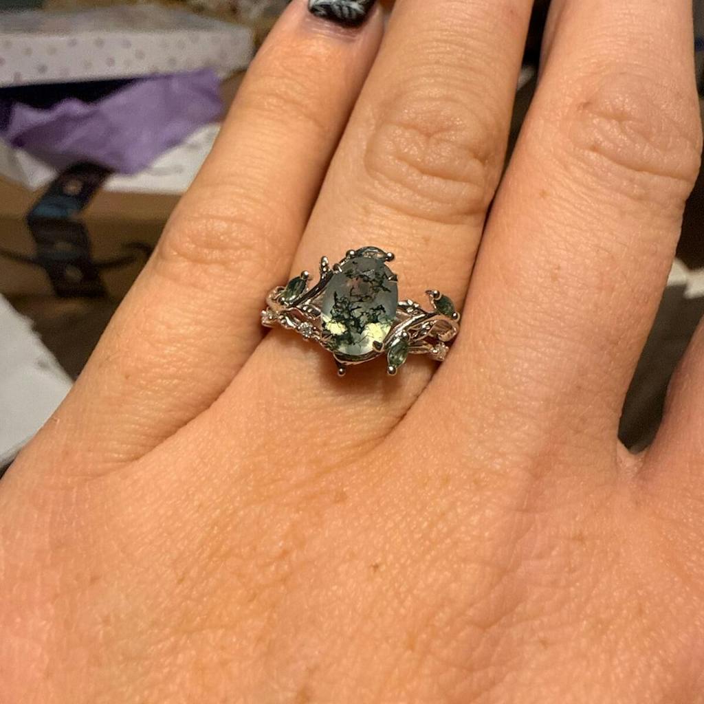 Vintage oval cut green moss agate engagement ring rose gold art deco cluster leaf nature inspired bridal promise wedding ring set women