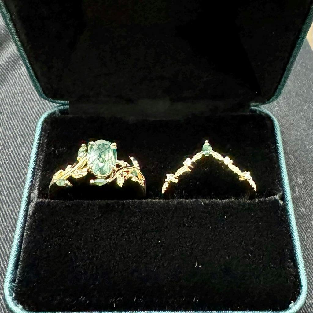 Vintage oval cut green moss agate engagement ring yellow gold art deco cluster leaf nature inspired bridal promise wedding ring set women