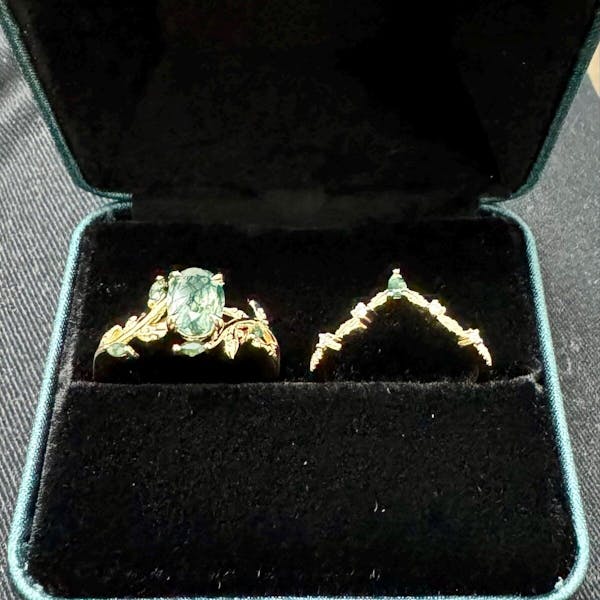 Vintage oval cut green moss agate engagement ring yellow gold art deco cluster leaf nature inspired bridal promise wedding ring set women
